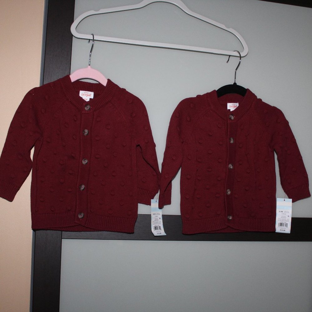 Cat & Jack Baby Girl Size 6-9 Months Matching Twin Maroon Cardigan Knit Sweaters